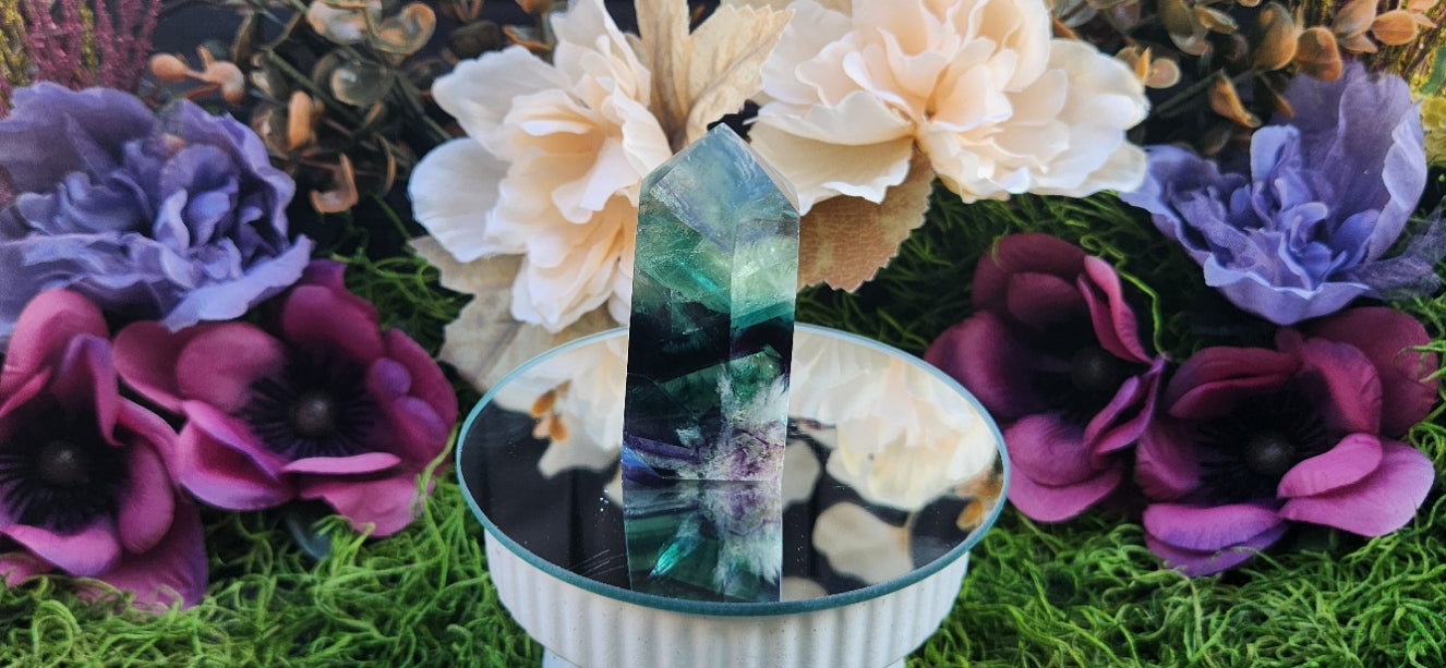 Rainbow Fluorite Tower with Feathering